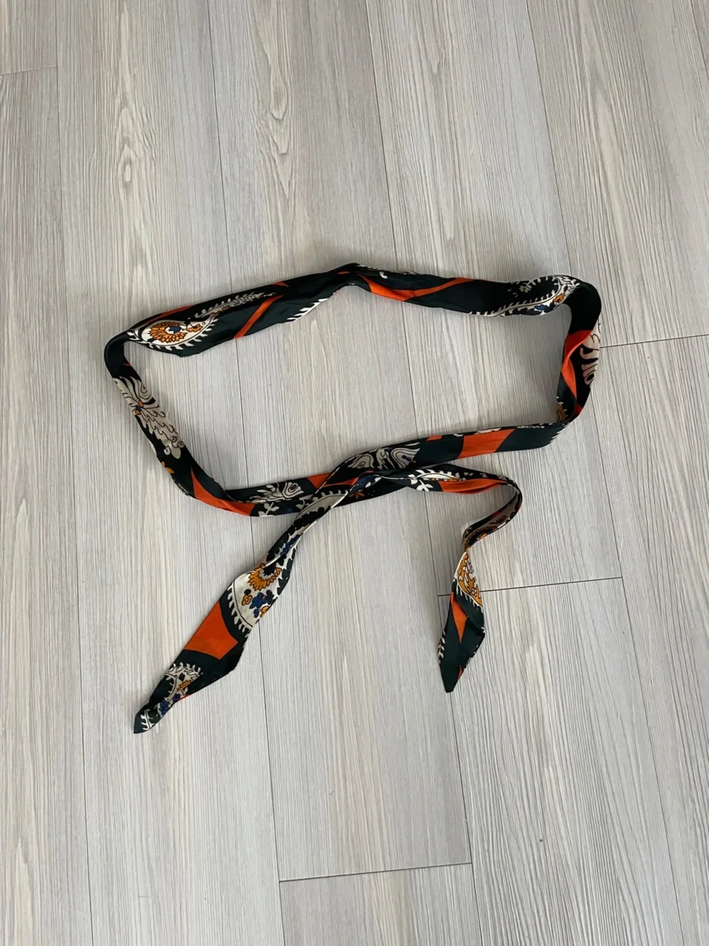 Silk-Feel Black and Orange Patterned Hair Scarf